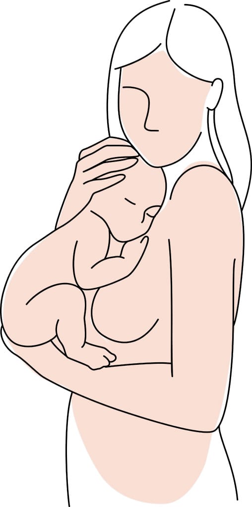 Ilustrație în linii cu o mamă ținându-și bebelușul la piept, capitolul despre pregătirea pentru concepție în sezonul rece