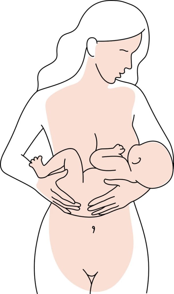 Ilustrație în linii cu o mamă ținând la piept nou-născutul, capitolul despre naștere și viața postpartum