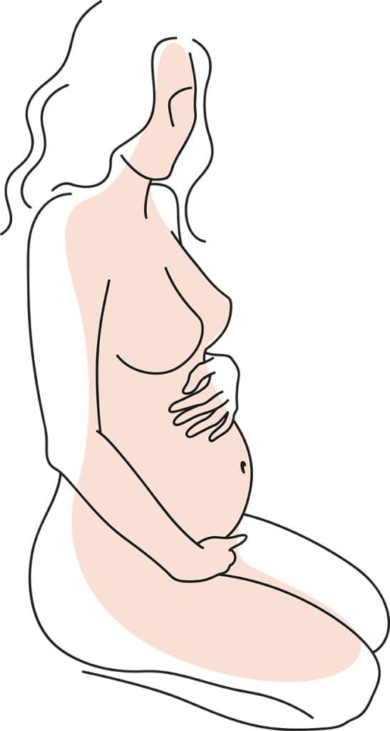 Ilustrație în linii cu o femeie însărcinată așezată, ținându-și burtica, capitolul despre sarcină într-o abordare holistică